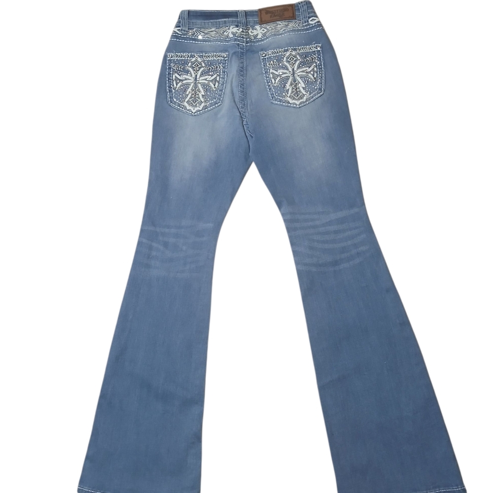 Embellished Embroidered Jeweled Cross Design Flare Jeans Size 5